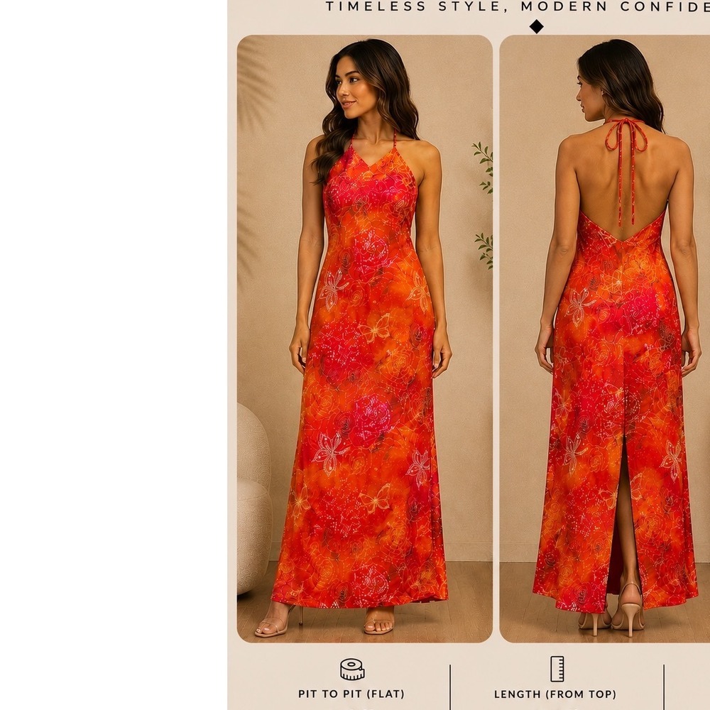 Y2K Butterfly Rose Print Halter Maxi Dress Orange Red Lace Up Back Size L